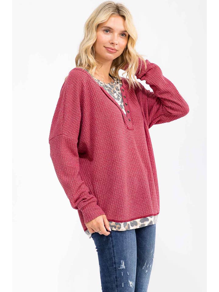 7th Ray - Wholesale Knit Top - Women's - Leopard Print Double layered Henley Top T60784