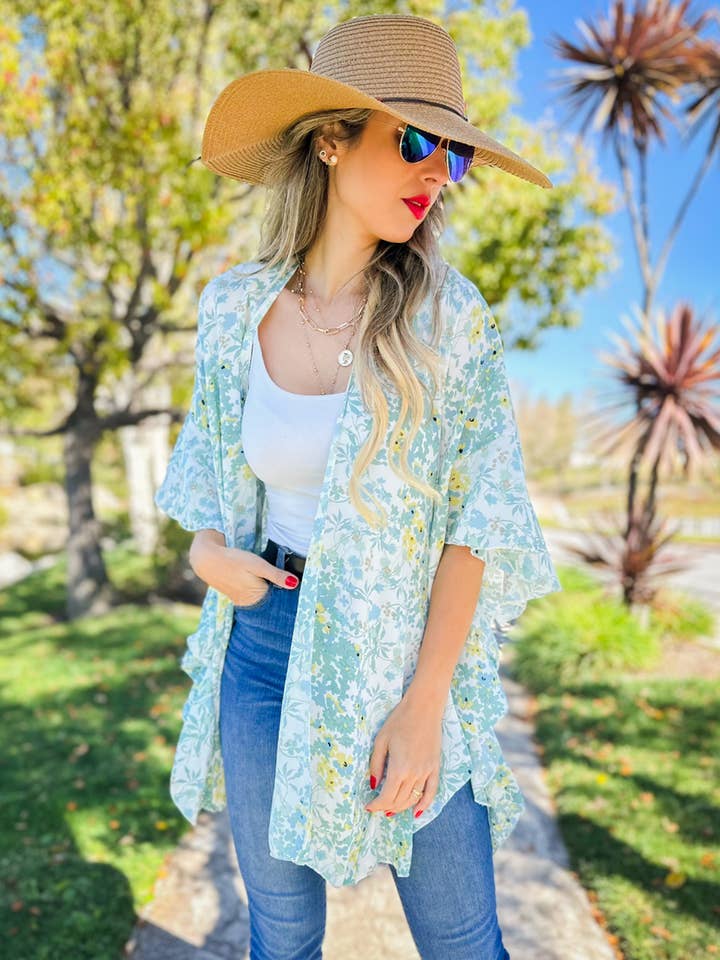 Sage Floral Printed Ruffle Sleeve Kimono Cover Up for wholesale on Faire2