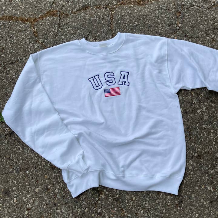 USA Embroidered White Crewneck Sweatshirt for wholesale by Rags Revived