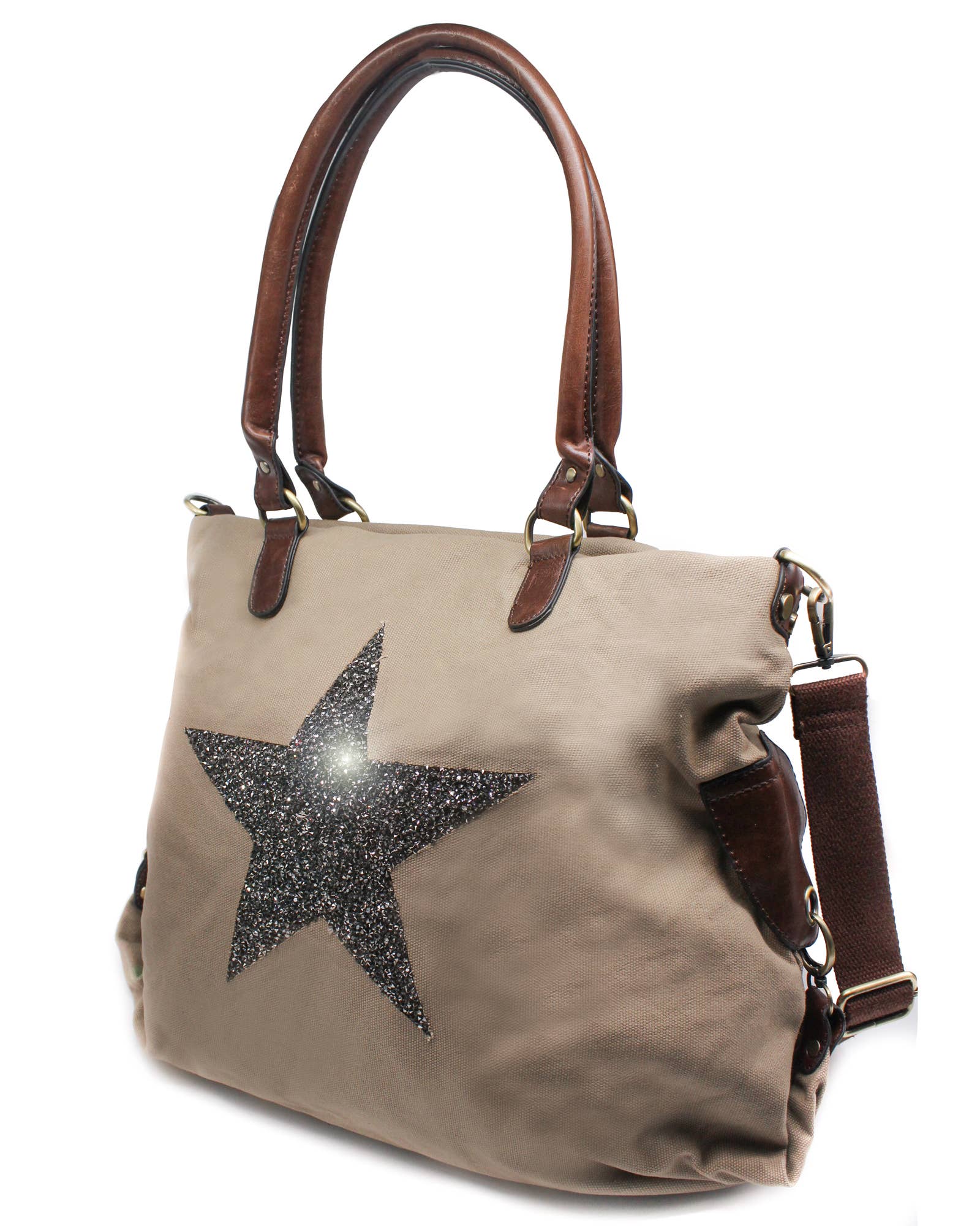 Ellas Trading – wholesale Shoulder bag – women's – Sparkling Glitter Star Canvas Expandable Shoulder Tote8