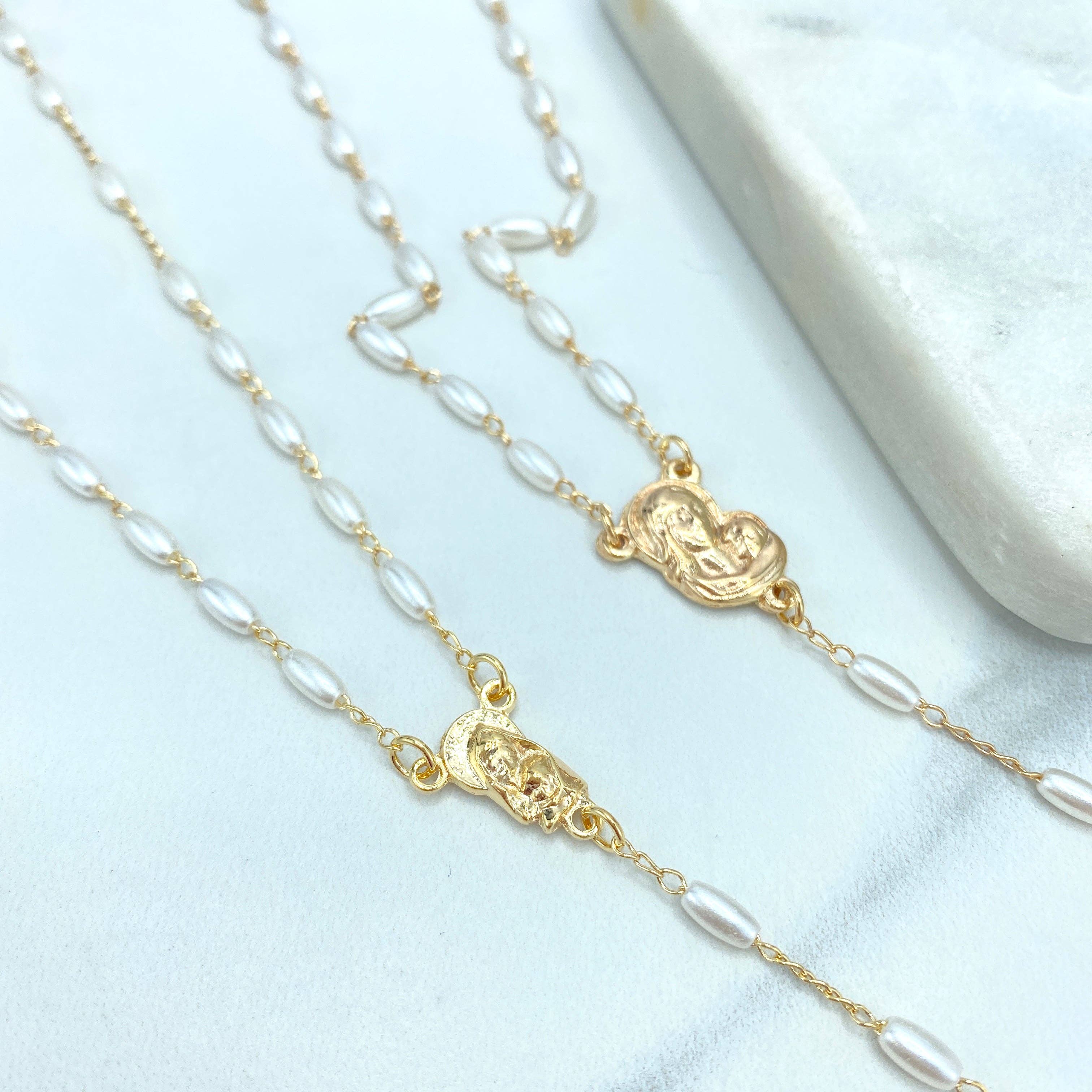 Luxus Accessories - Wholesale Prayer Beads Necklace - 18k Gold Filled Virgin Mary Face Hugging Child Jesus Christ Rosaries with Simulated Rice Pearls2