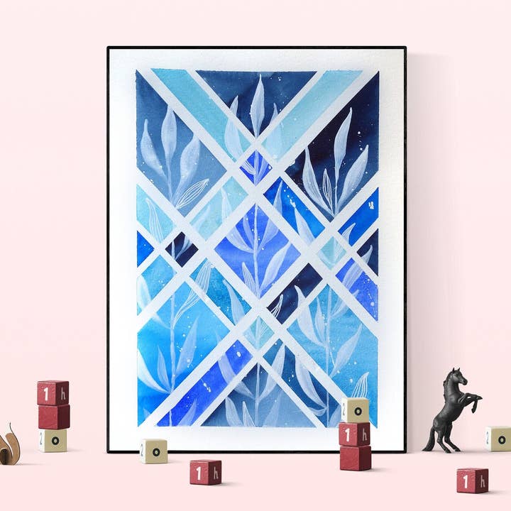 Aquarelle originale nature et motif géométrique bleu pour la vente par Atelier E.Pic