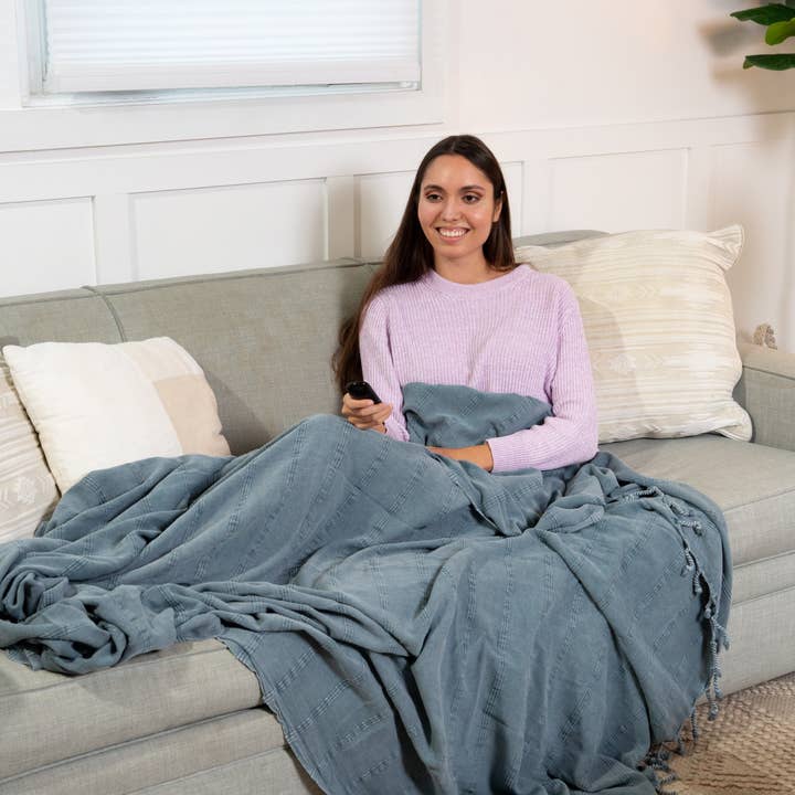 InfuseZen - Wholesale Throw Blanket - XL Stonewashed Cotton Turkish Throw Blanket in Denim
3
