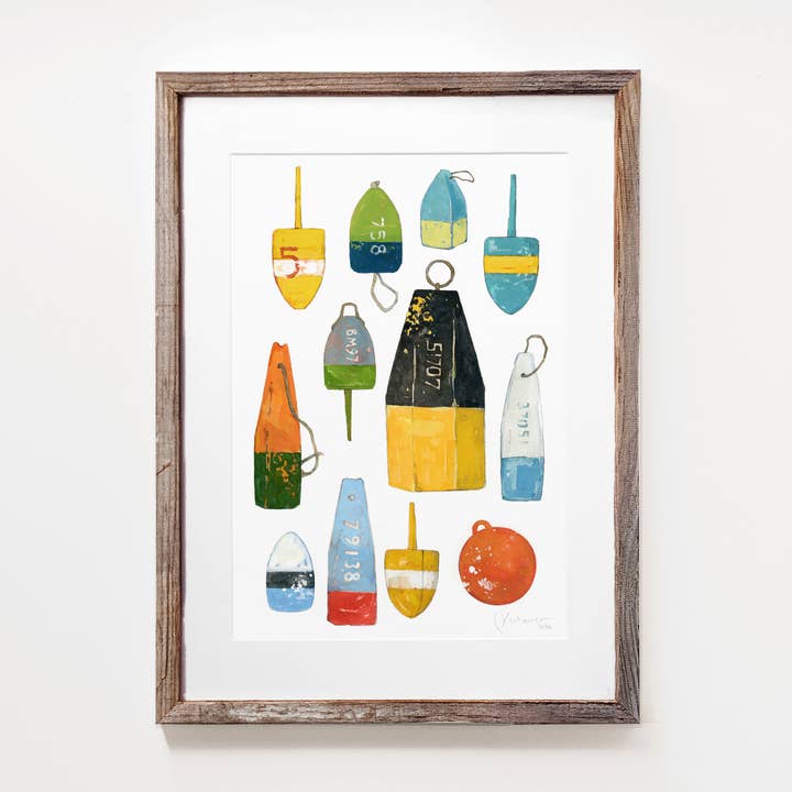Lobster Buoys Watercolor Painting, Colorful Nautical Print for wholesale by Studio Tuesday