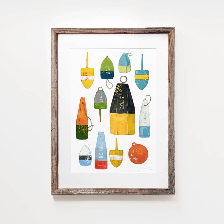 Lobster Buoys Watercolor Painting, Colorful Nautical Print for wholesale by Studio Tuesday