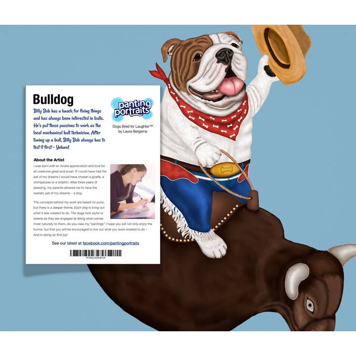 Laura Bergsma Studio – Engroshandel Kunsttryk – Engelsk Bulldog Dog Art Print, Blå Baggrundsudgave