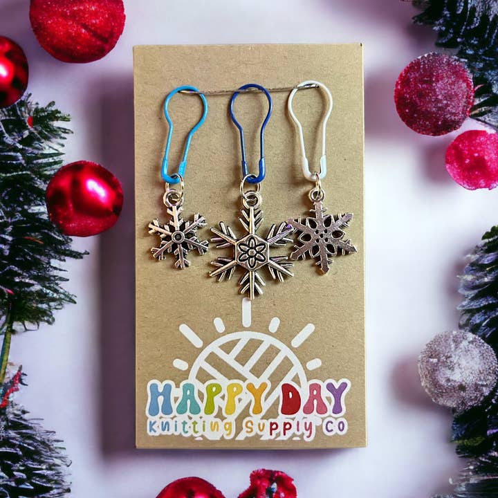 Marqueurs de mailles flocon de neige et gardiens de progression avec épingles à bulbe#2 pour la vente par Happy Day Knitting