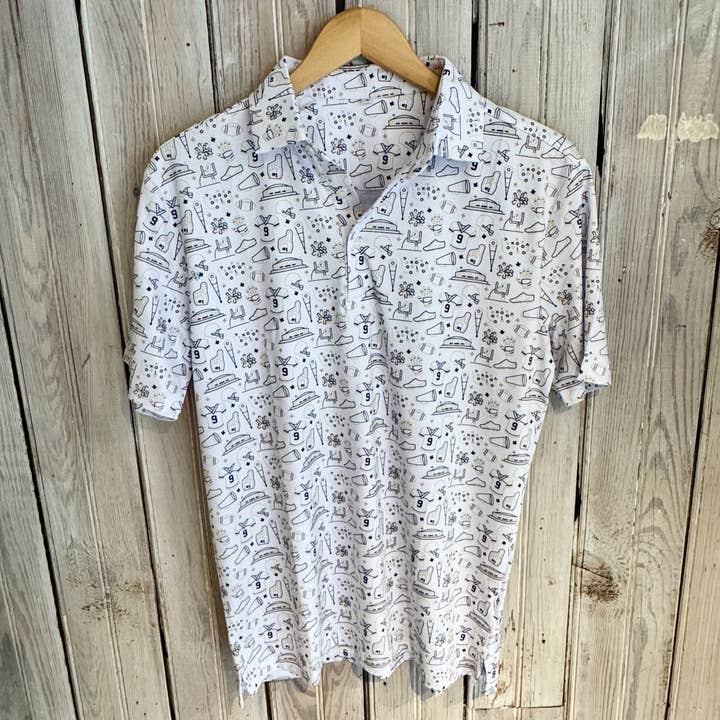 Nola Mercantile - Wholesale Polo - Women's - NM Hand Drawn Icons Polo-white & gold3