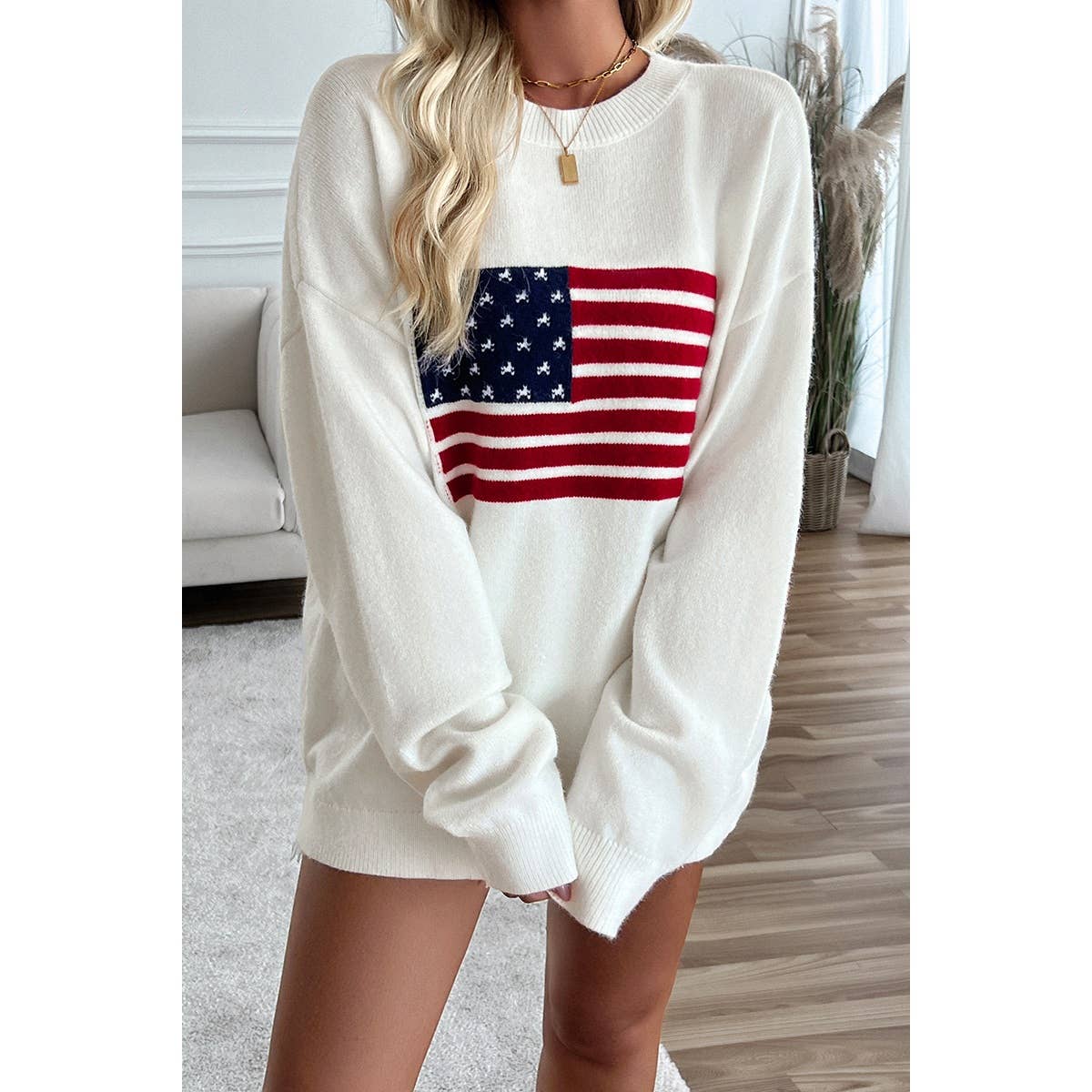 Supreme Fashion – wholesale Knitted jumper – Women′s – Knit Round Neck Flag Print Loose Fit Sweater14