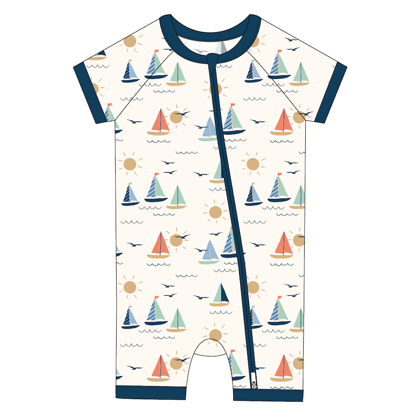Bird & Bean® – wholesale Byxdress - Baby – Bambu Kort Dragkedja Romper för Baby - Kai Segelbåt5