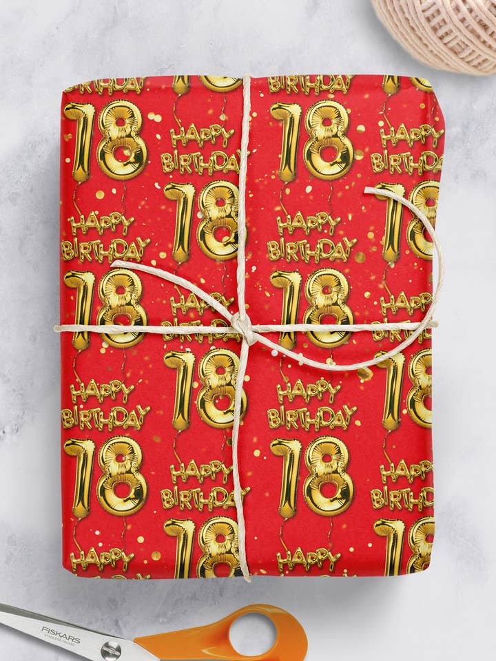 18: e födelsedagspresent wrap röd **Pack med 2 ark vikad** för wholesale av Brainbox Candy