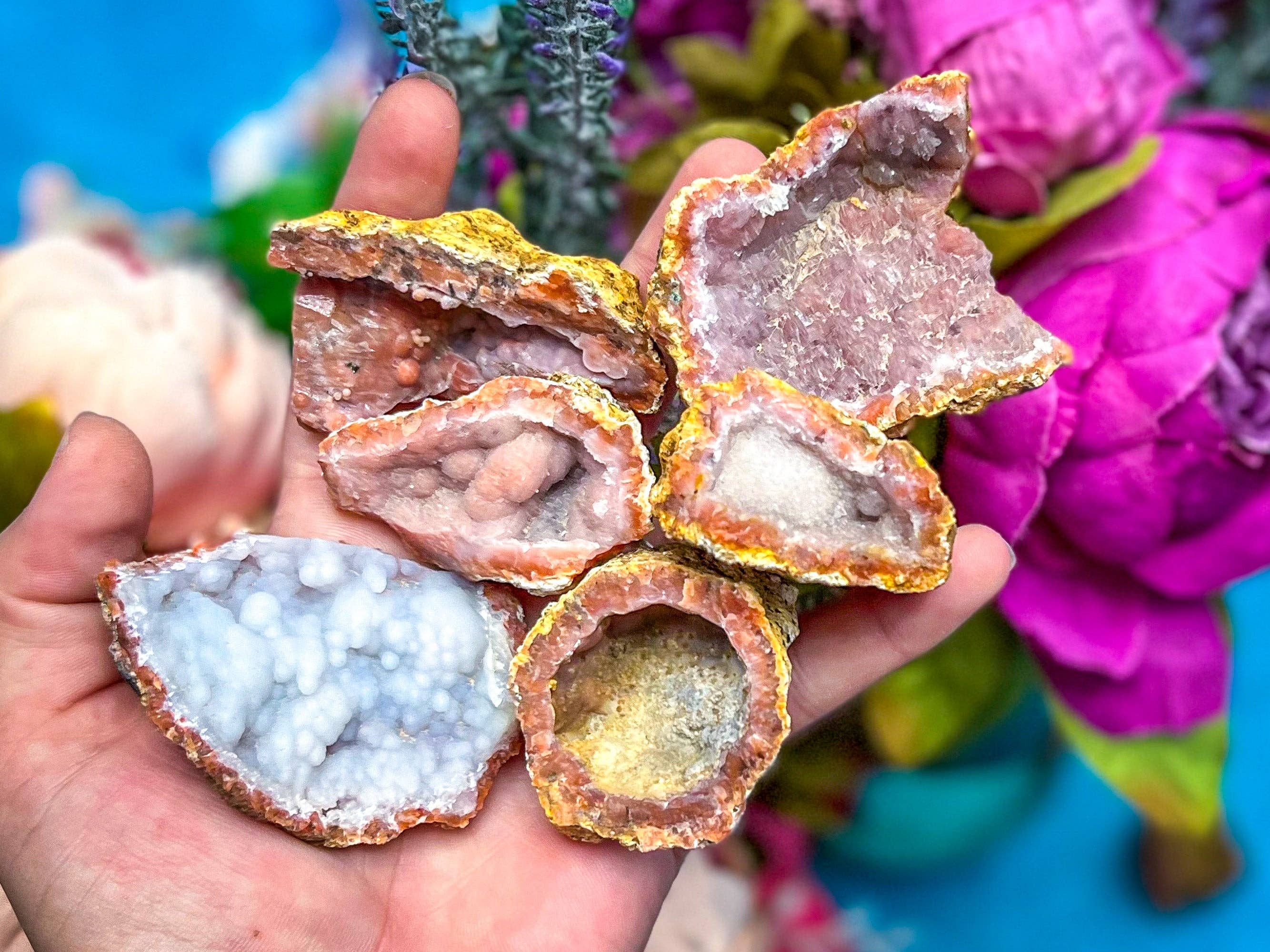 Mandala Gems - Wholesale Spiritual Stone/Crystal - Large Pink Red Grey Raw Chalcedony Geodes2