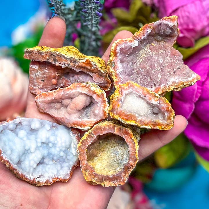 Mandala Gems - Wholesale Spiritual Stone/Crystal - Large Pink Red Grey Raw Chalcedony Geodes2