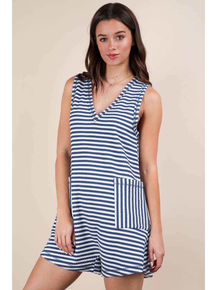 VERY J - Wholesale Romper - Women's - NP70744-Striped Knit Casual Comfy Romper