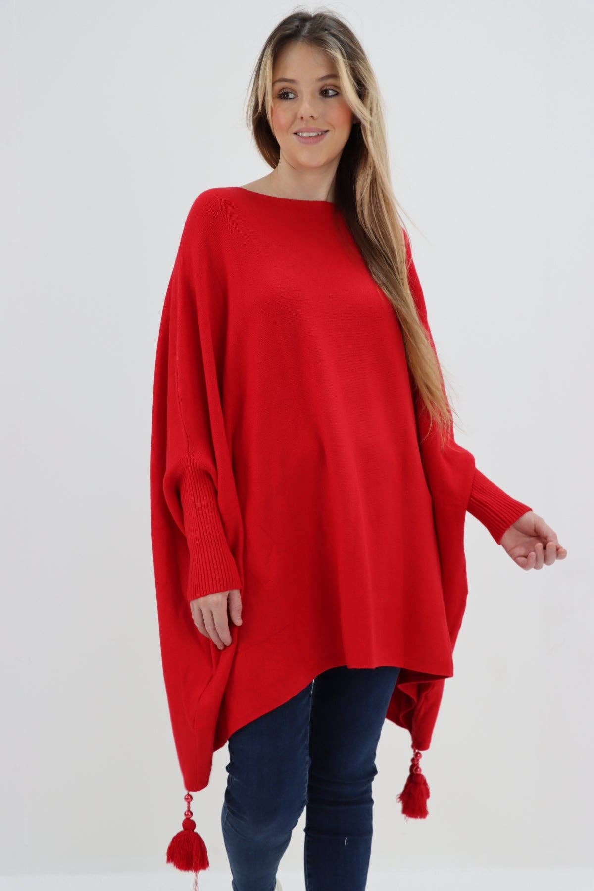Miss Bold - Wholesale Poncho - Women's - Italian Plain Batwing Sleeves Tassels Tunic Poncho38