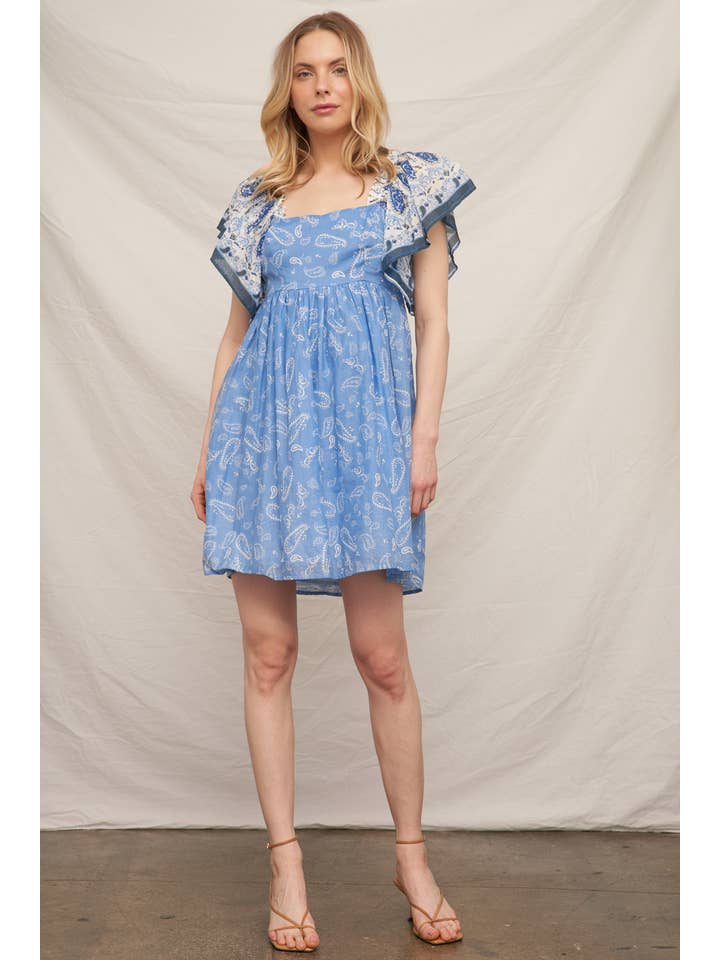 Blue Ivory Paisley Print Flutter Sleeve Mini Dress for wholesale on Faire
