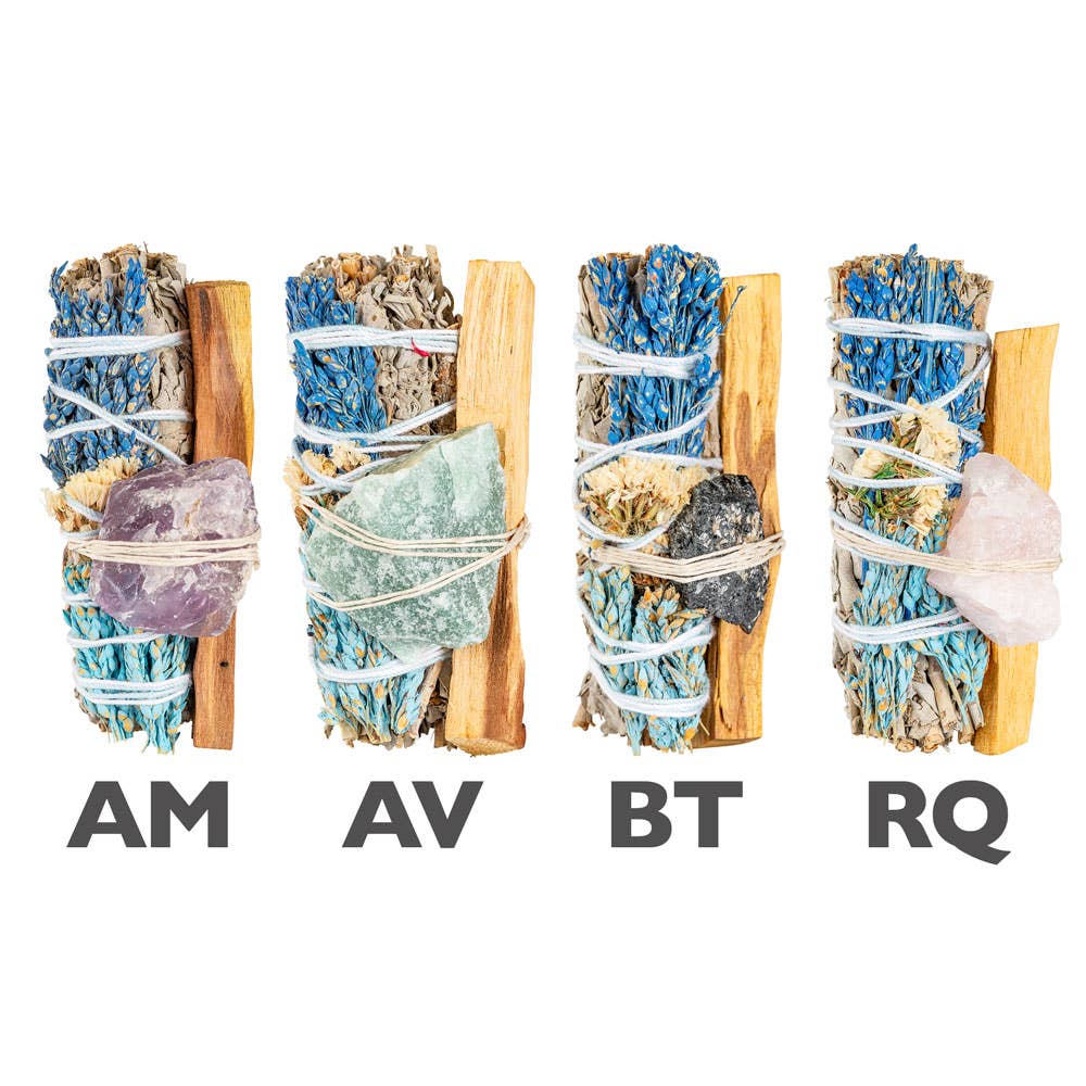Benjamin International - Wholesale Sage Bundle - Sage And Blue Flowers Bundle W/ Gemstone And Palo Santo1