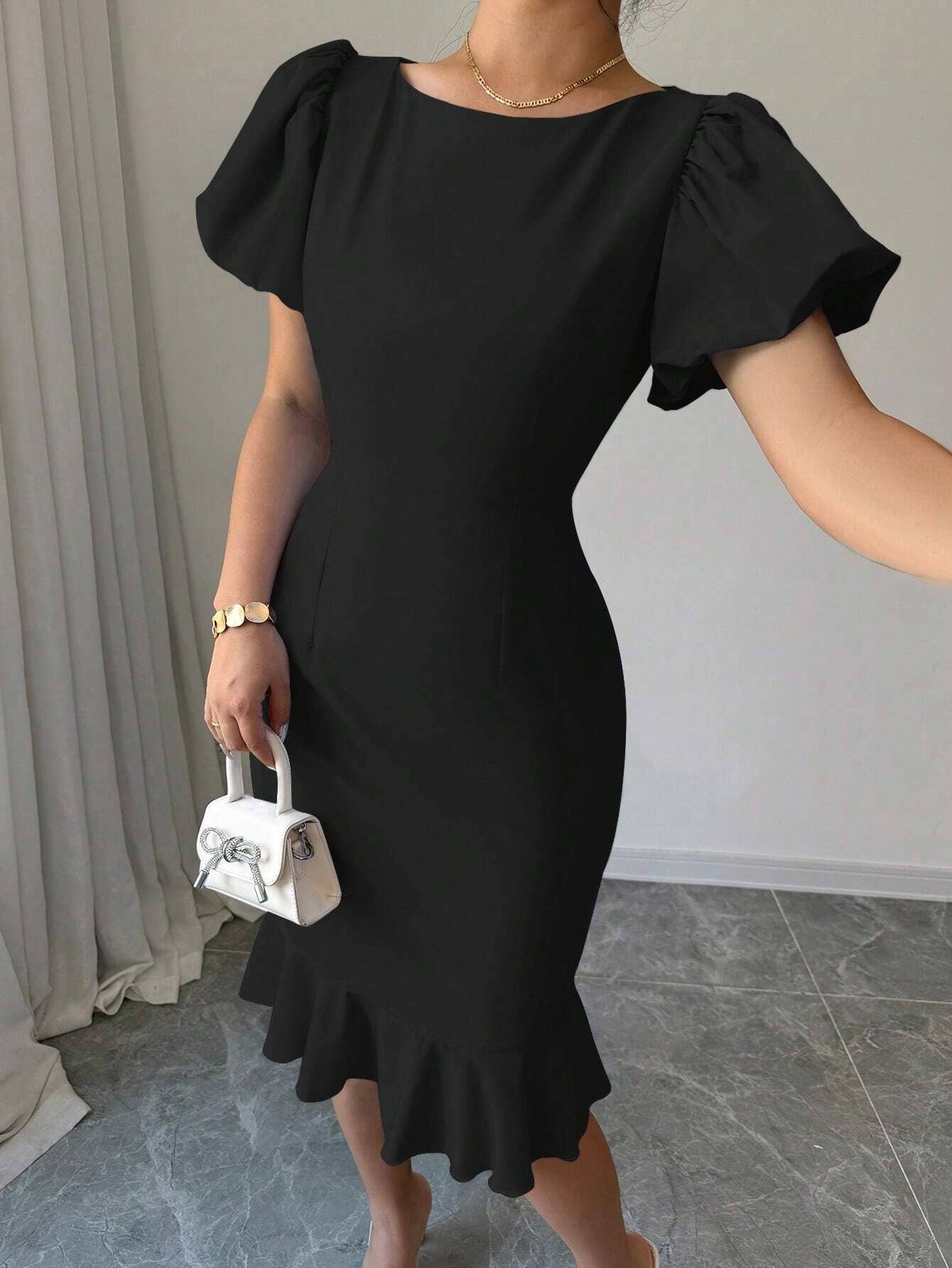 UNISHE - Vendita all'ingrosso Vestito - Donna - Abito a sirena con maniche a lanterna sexy e volant GSS13018