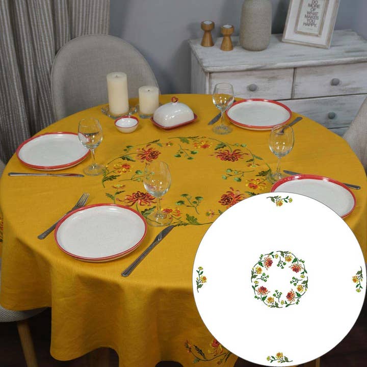 Tovaglia rotonda in lino ricamato Ø147 cm per la vendita all'ingrosso da parte di Harmony Textile