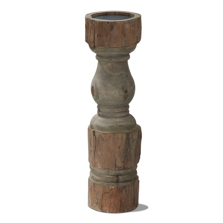 Rustic Turned Pillar Holder Tall Antique Brown Mango Wood for wholesale by tag
