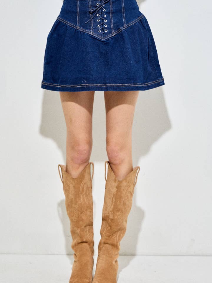 LACE UP FRONT DENIM MINI SKIRT for wholesale by Baevely by Wellmade USA