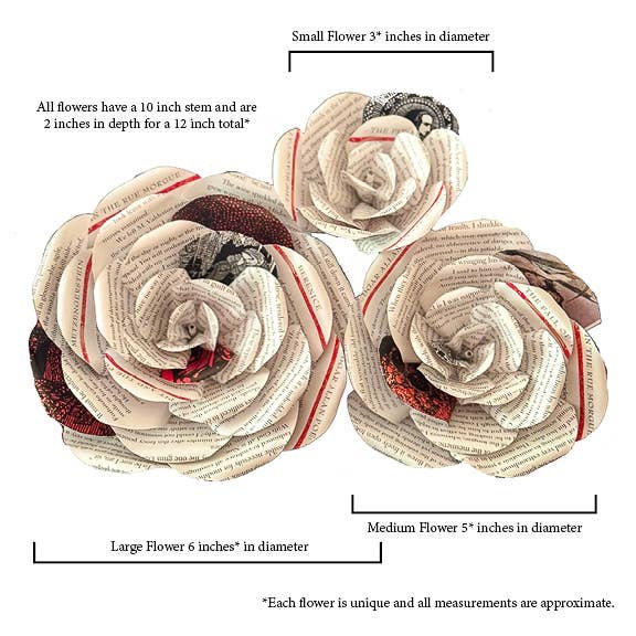 Literary Blooms - Wholesale Artificial Flowers - Edgar Allen Poe Paper Rose made from Upcycled Books- 3 Sizes3