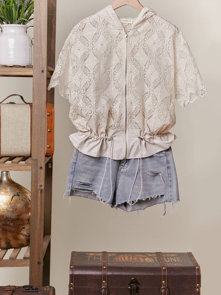 Ivory Zip Up Laced Short Sleeve Top with Hoodie for wholesale on Faire
