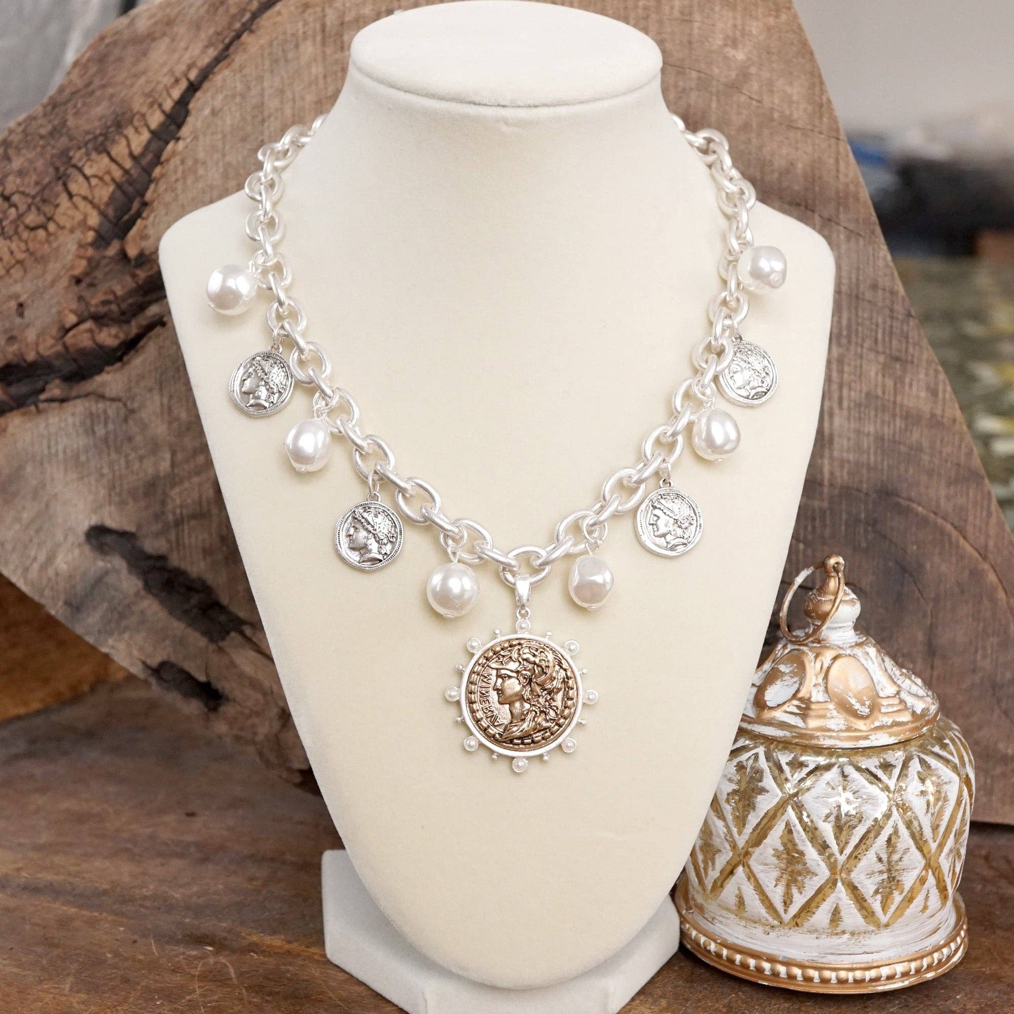 PennyLine inc - Wholesale Pendant/Charm Necklace - Boho Coin and Pearl Charms Statement Necklace – Gold and Silver Tone8