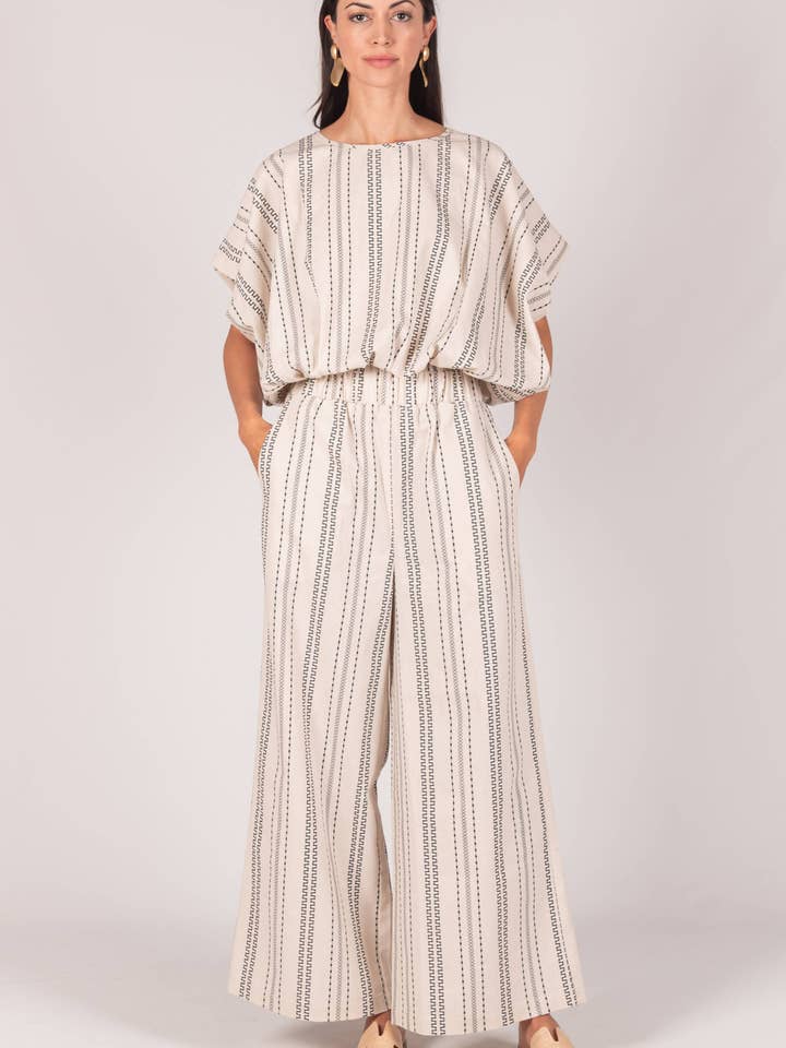 Taupe Navy P. CILL Print Linen Billowy Top for wholesale on Faire