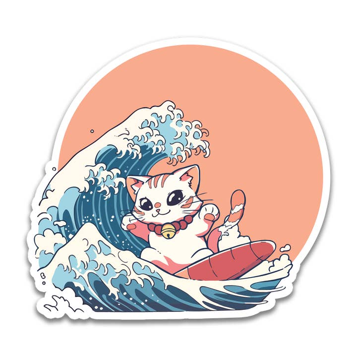 Cat Surfing on Kanagawa Great Wave Sticker for wholesale by Stick With Finn
