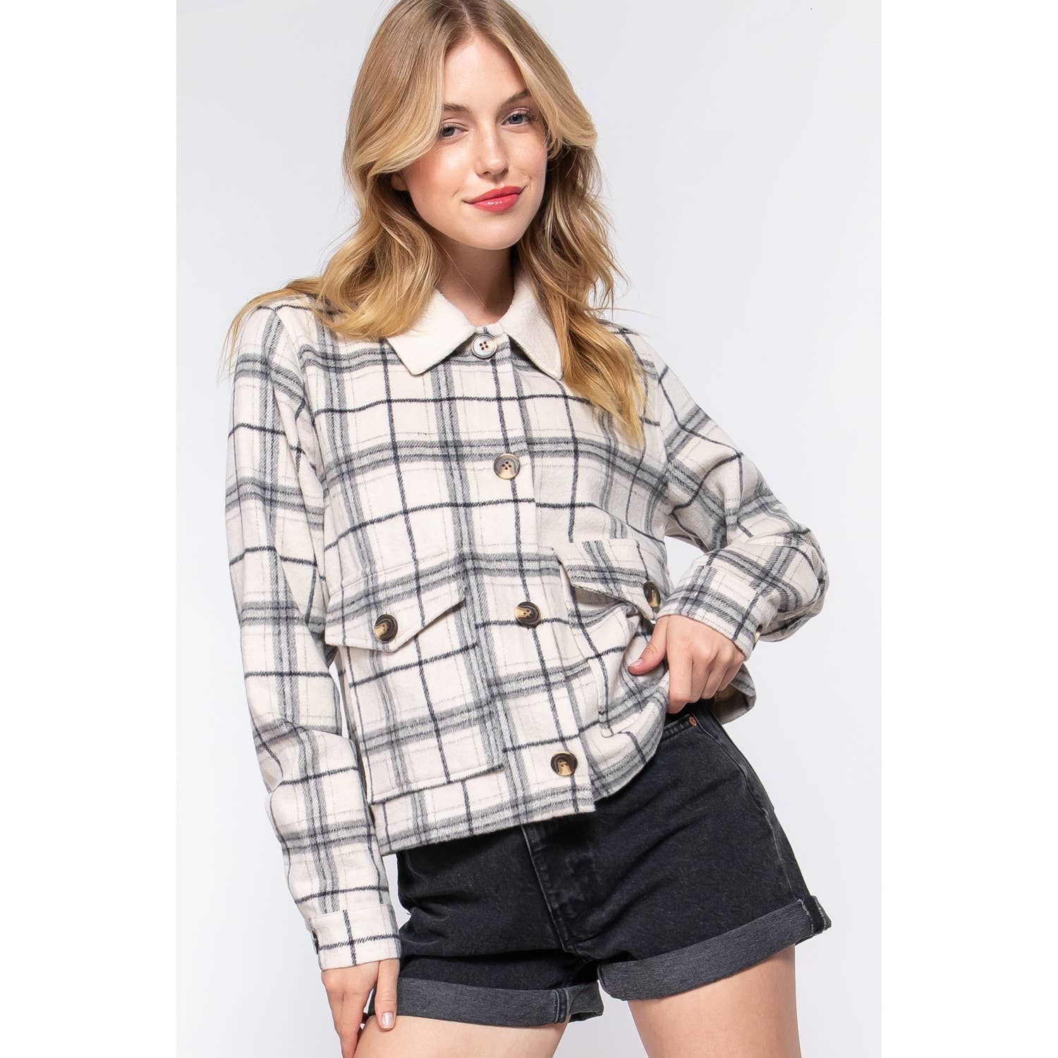 Apolline - Wholesale Shirt Jacket/Shacket - Women's - FAUX FUR COLLAR PLAID SHACKET1