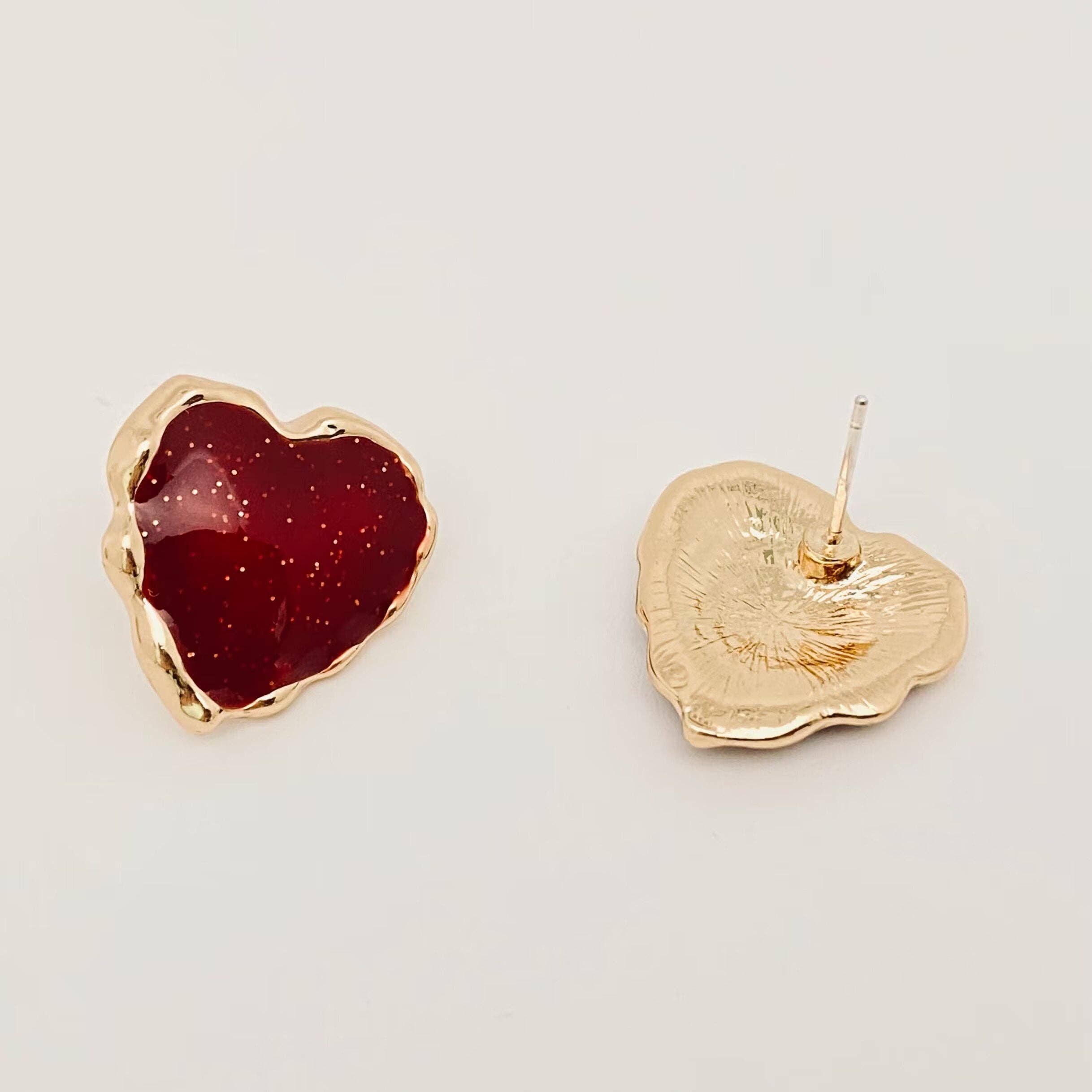 Mio Queena - Wholesale Stud/Post Earrings - Simple Red Enamel Heart-shaped Ear Stud3