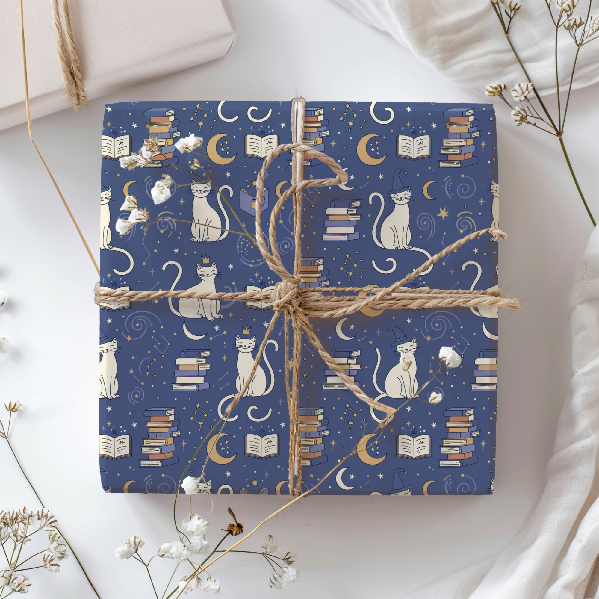 Lokipawz - Wholesale Flat Wrap - Purrfectly Bookish – Celestial Cat & Cozy Library Wrapping Paper6