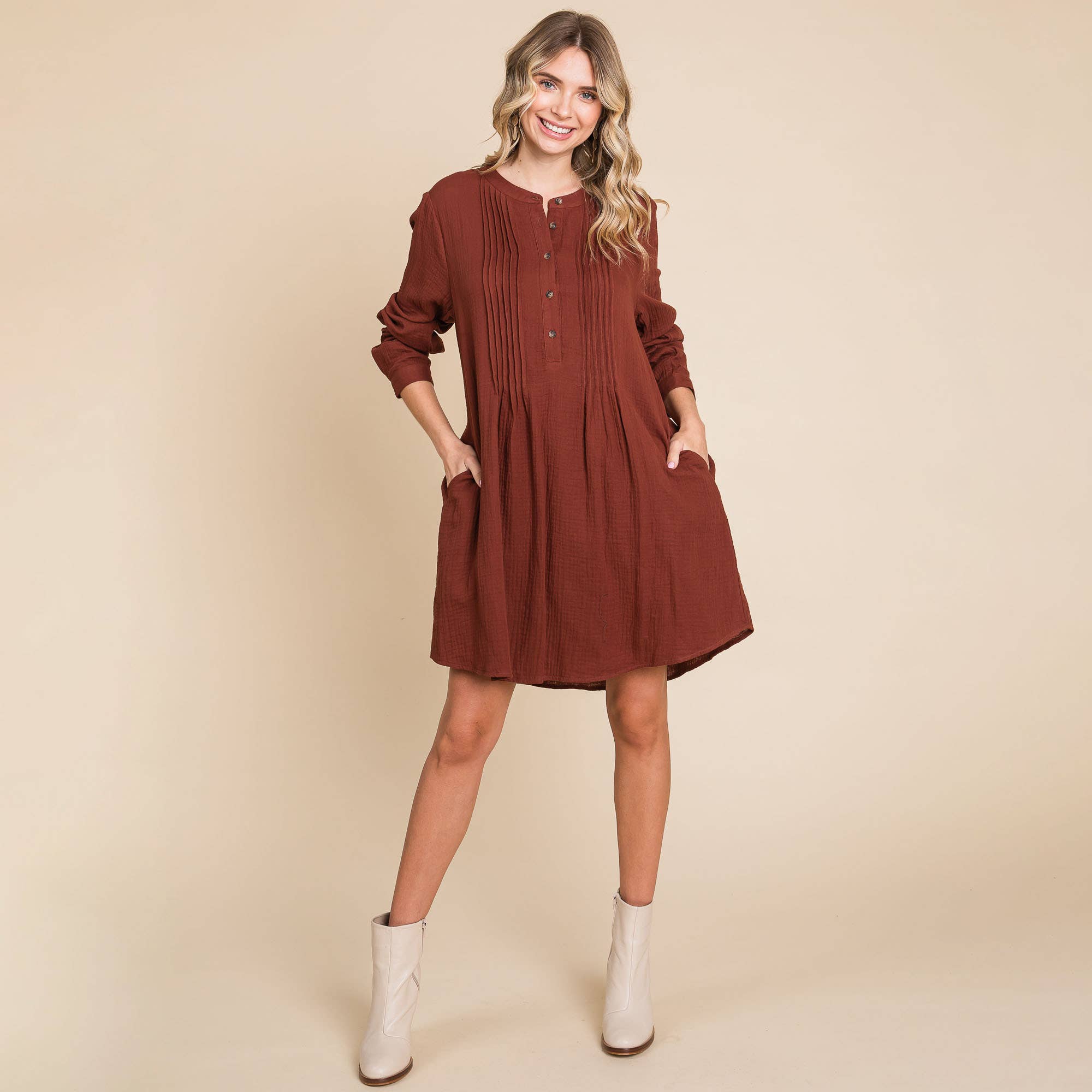 ROLYPOLY - Vente Robe – femme - Robe tunique en coton double gaze manches longues style henley8