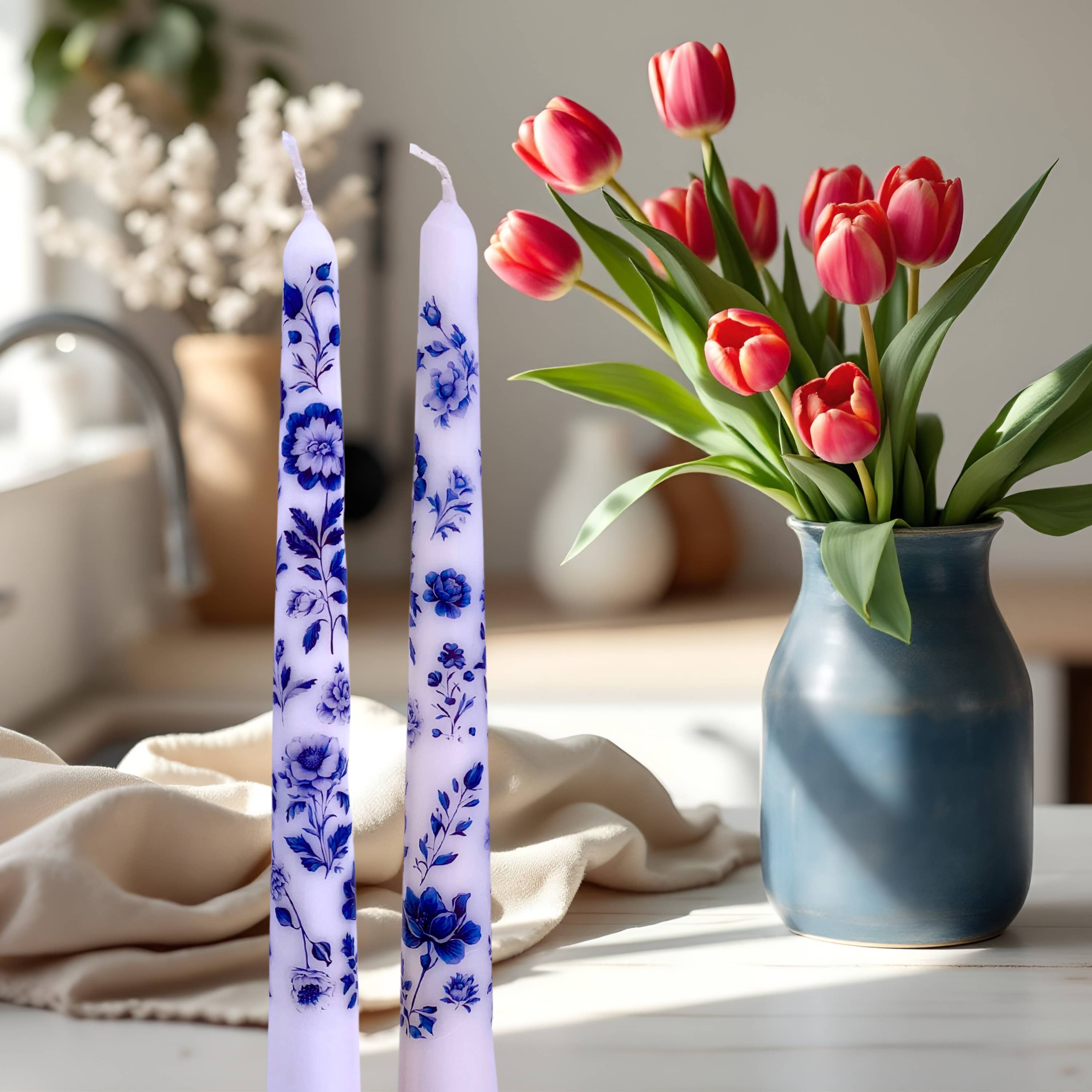 Designs by Michaela - Wholesale Tapered Candle/Candlestick - Blue Floral Chinoiserie Taper Candles for Decor and Gifts2