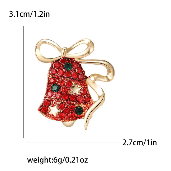 Red Rhinestones & Gold Bow Christmas Bell Brooch, Holiday Pin for wholesale on Faire1