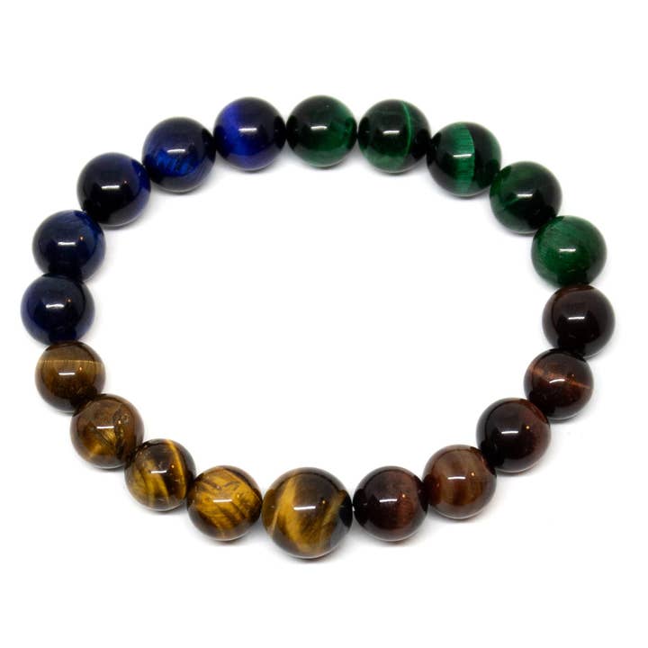 Bracelet Œil de Tigre Vert, Rouge, Bleu & Jaune Grande Taille 10mm pour la vente par Namu Baru Inc.