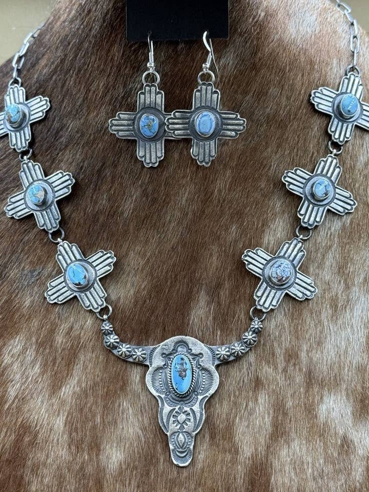 Navajo handgjord halsbandssats i sterlingsilver med Golden Hills turkos och longhorn Zia för wholesale av Native City Jewelry