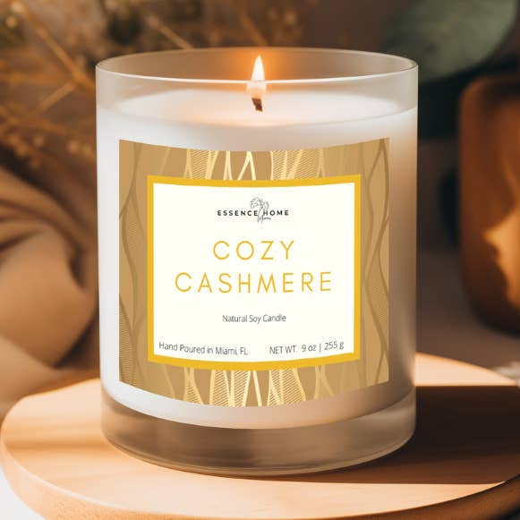 Cozy Cashmere 9 oz Soy Candle for wholesale by Essence Home Miami