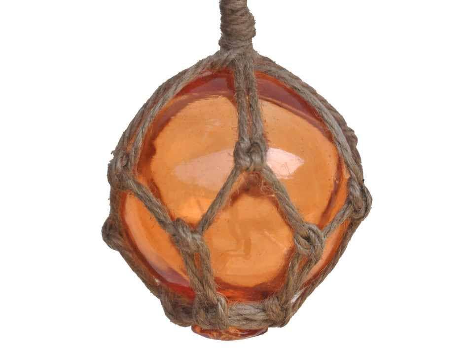 Hampton Nautical - Wholesale Decorative Tabletop Object - Orange Japanese Glass Ball Fishing Float With Brown Netting Decoration 3"3