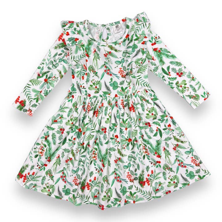 Long Sleeve Flutter Twirl Dress - Holly Berry for wholesale by Pink Elephant Brands