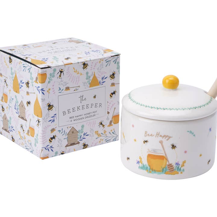 The Beekeeper 'Bee Happy' Honey Pot & Drizzler and other Purchase Wholesale nice life. Free Returns & Net 60 Terms on Faire trending on Faire.
