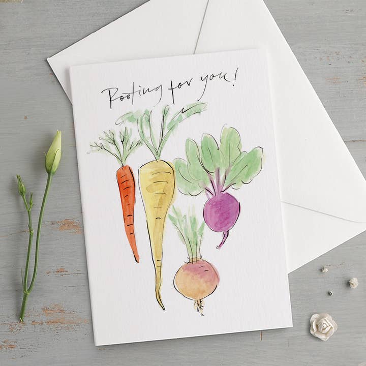 'Rooting For You!' Funny Veg Good Luck Card for wholesale by Gabrielle Solly Illustration