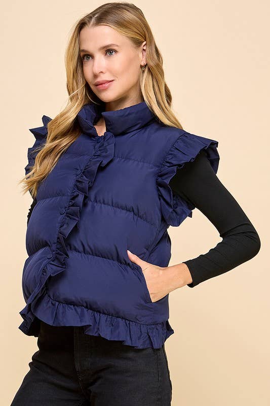 NAVY CV1235-Ruffle Trim Button Down Puffer Vest for wholesale on Faire2