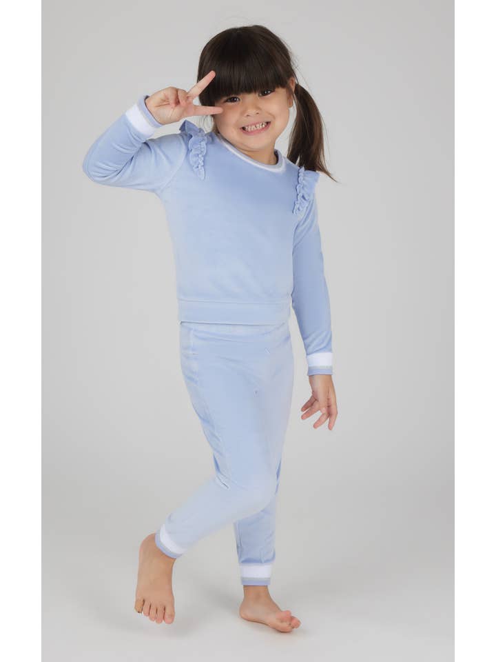 90 Degree by Reflex - Wholesale Lounge Set - Kids - Toddler Girls Velour Ruffle Crew and Jogger Set