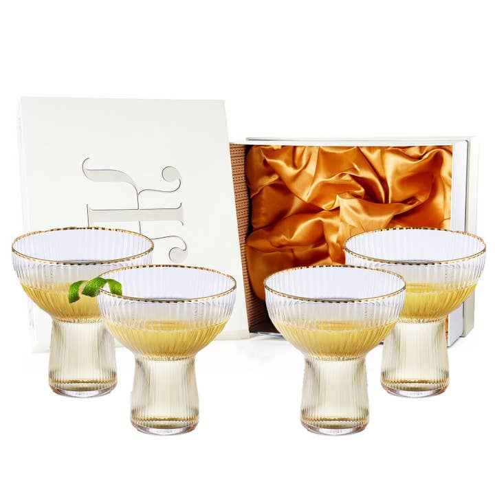 The Wine Savant / Khen Glassware - Wholesale Cocktail/Liquor Glass - Ribbed Stemless Margarita & Cocktail Gilded Glasses - 4 set