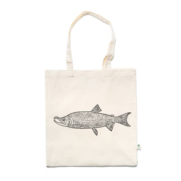 Sockeye Salmon Hand Screen Printed Organic Cotton Tote Bag for wholesale by Our Wild Puget Sound