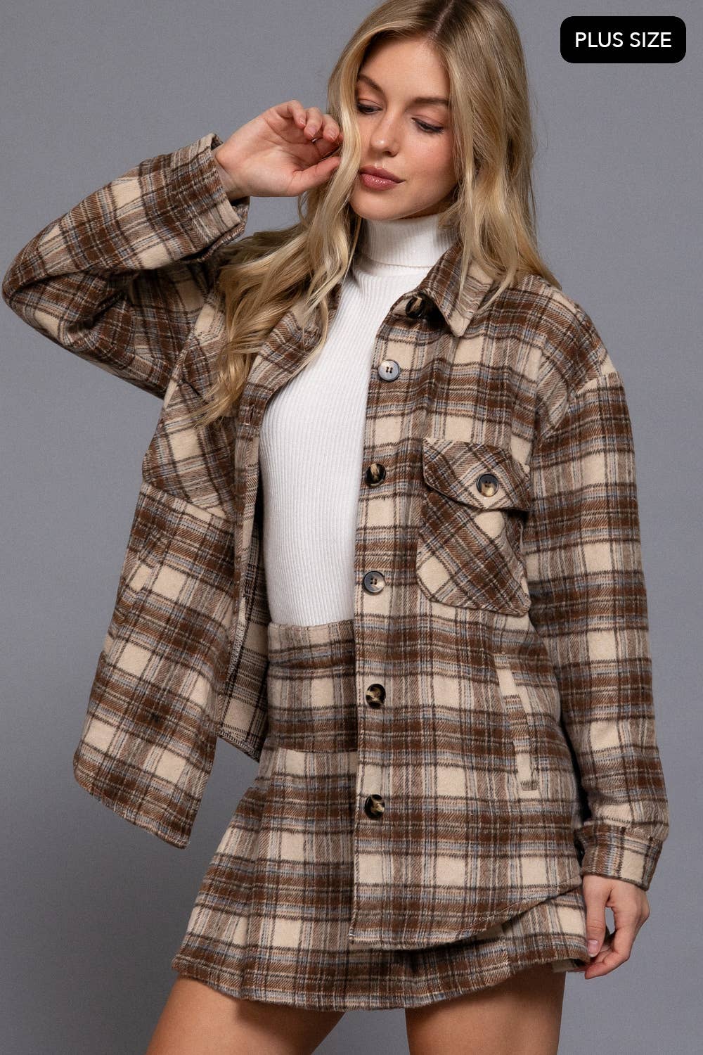 Active Basic | Active USA - Vente Veste-chemise – femme - [VÊTEMENT GRANDE TAILLE] Veste à carreaux en laine mélangée à manches longues et boutonnée18