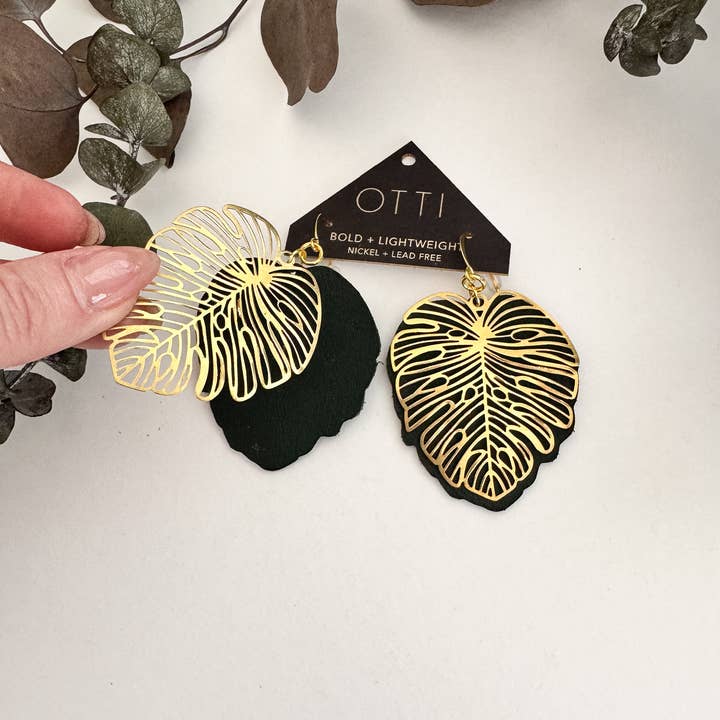 Monstera | Brass + Green Leather Earrings for wholesale by OTTI