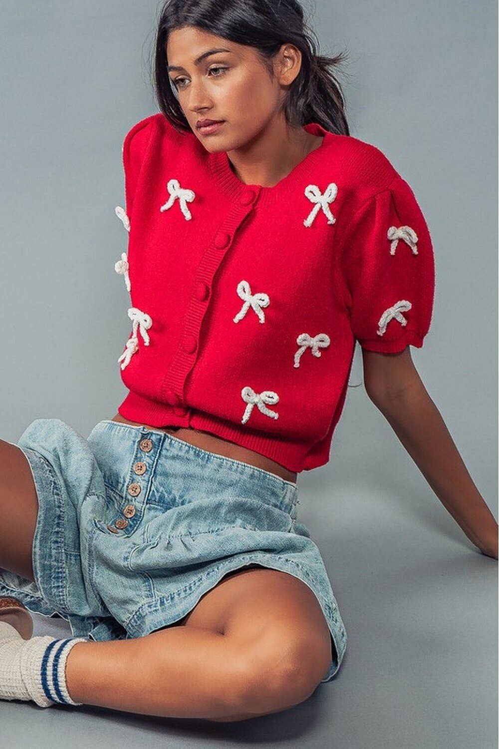 Dipped Shop – Cardigan - Mulher por atacado – Cardigan de Malha com Laços e Mangas Curtas Doces DPT25150317